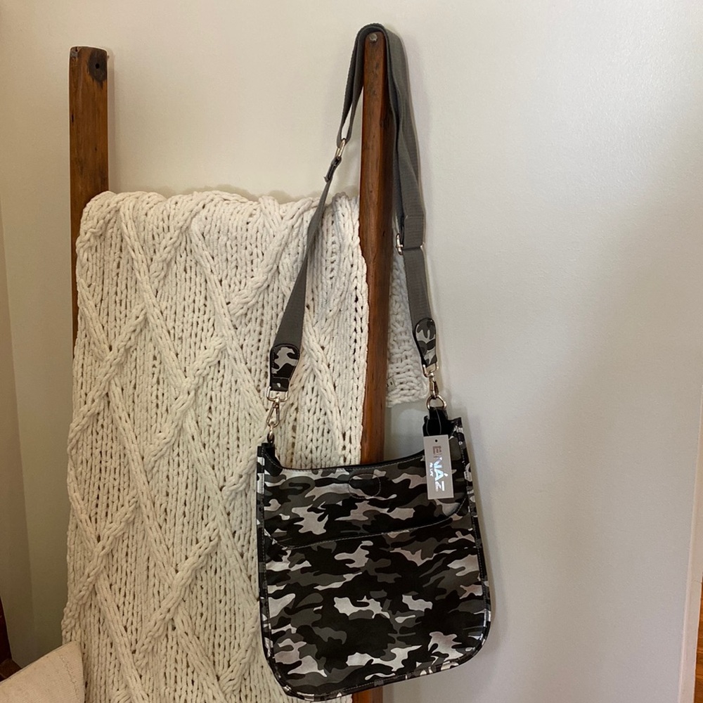 NWT Ahdorned Black and Silver Vegan Leather Camo Messenger